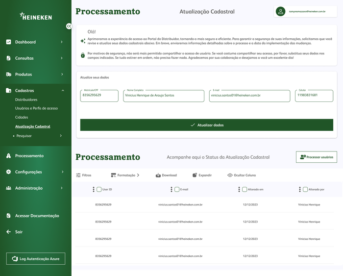 Atualização cadastral e status